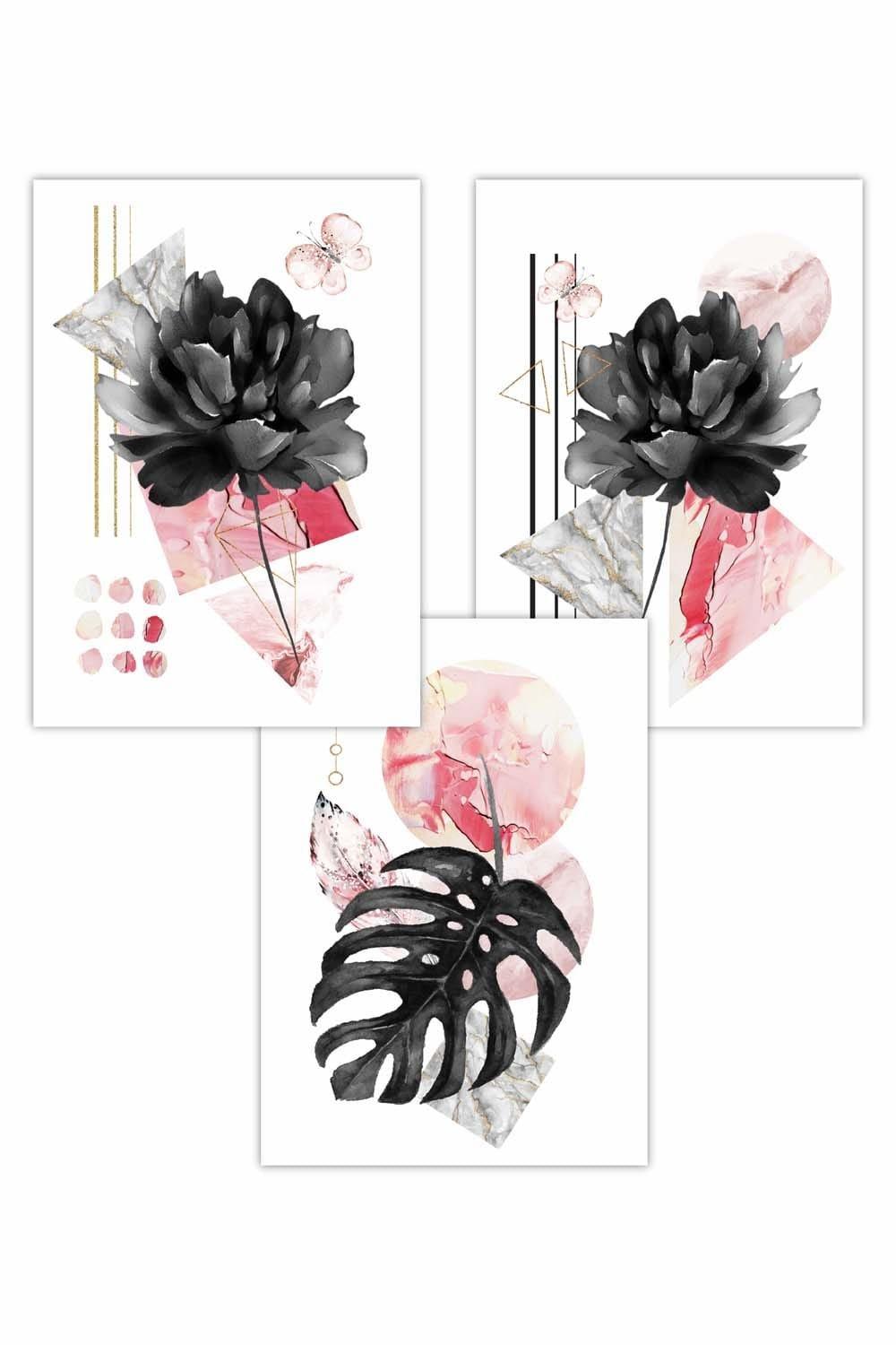 Set of 3 Abstract Pink and Black Botanical Art Posters